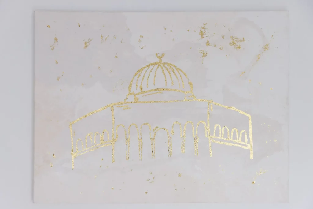 Tableau décoratif minimaliste représentant une mosquée dorée à la feuille d'or.